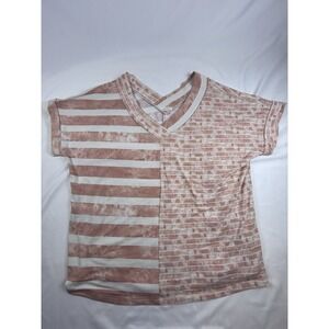 Oddi Women's Large Short Sleeve Top Terra-Cotta /White Striped Double Patterns